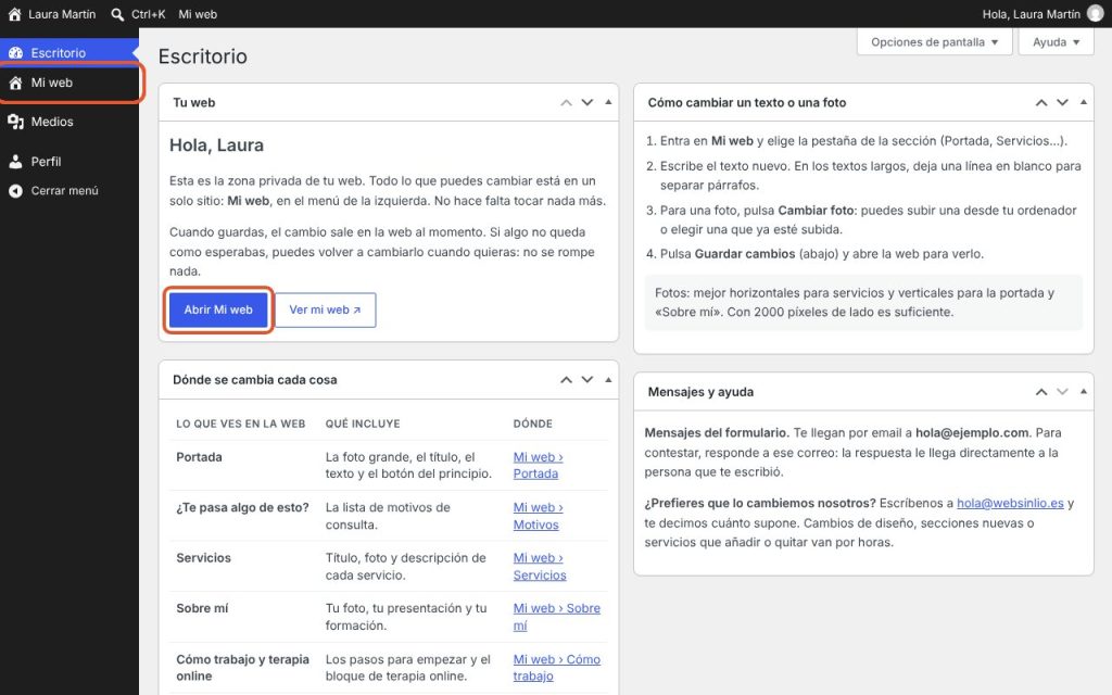 El Escritorio, con el botón Abrir Mi web y el menú de la izquierda.