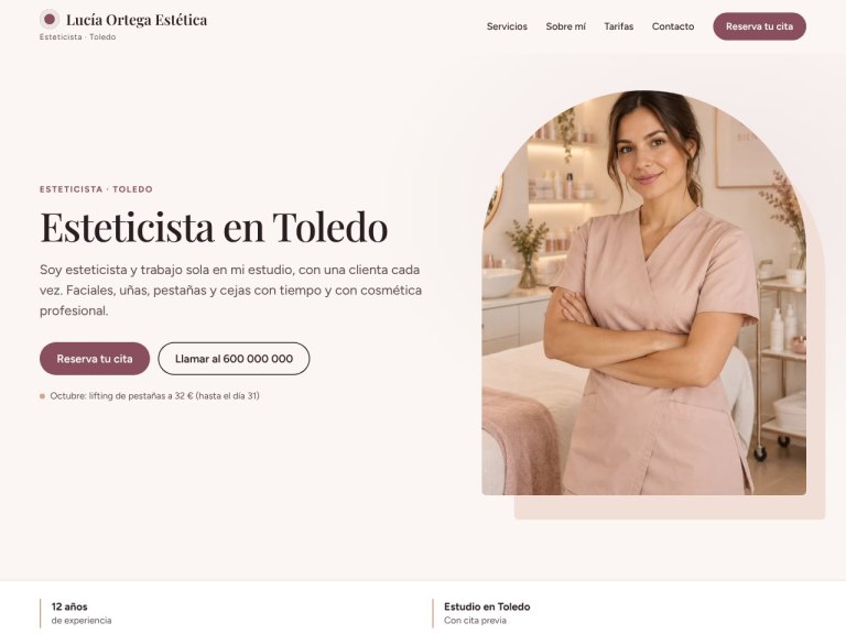 Portada de la plantilla de centro de estética: mensaje a la izquierda y foto de un tratamiento facial a la derecha