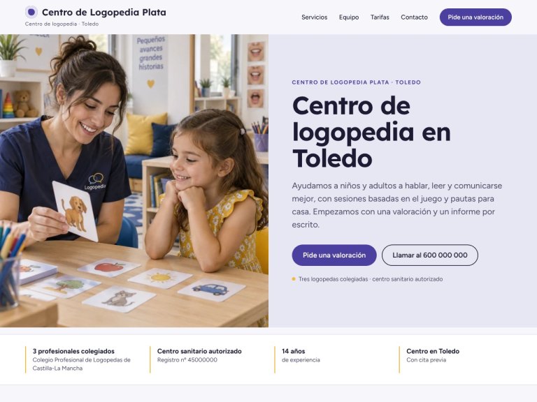 Portada 1 de la plantilla de logopedas: foto grande a la izquierda y mensaje a la derecha