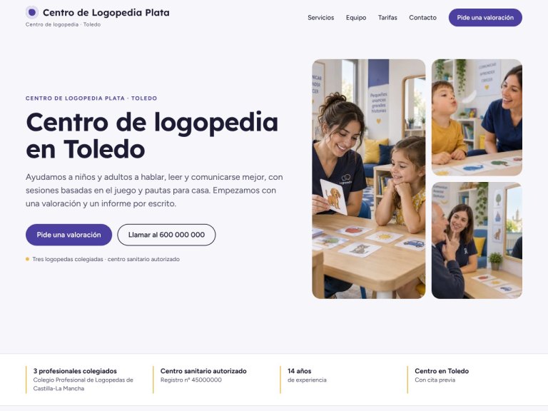 Portada 2: mensaje a la izquierda y mosaico de tres fotos
