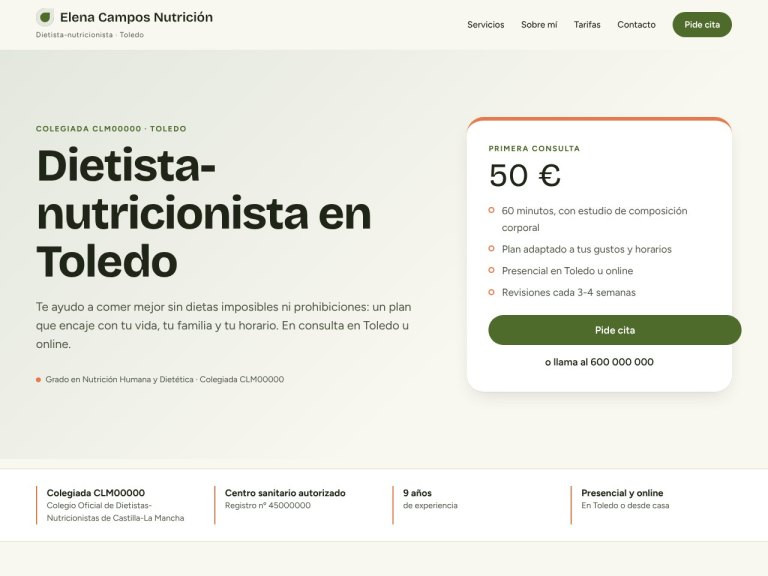 Portada 1 de la plantilla de nutricionistas: titular y tarjeta con el precio de la primera consulta