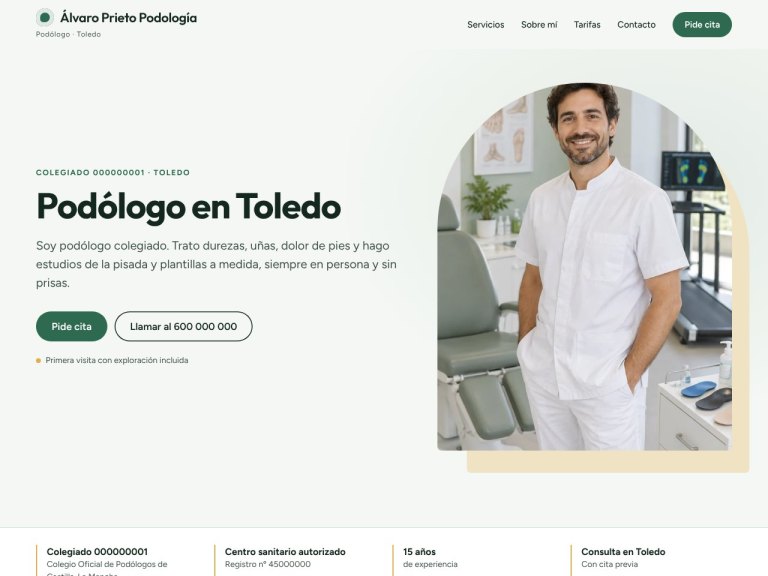 Portada 1 de la plantilla de podología: texto a la izquierda y foto de la profesional a la derecha