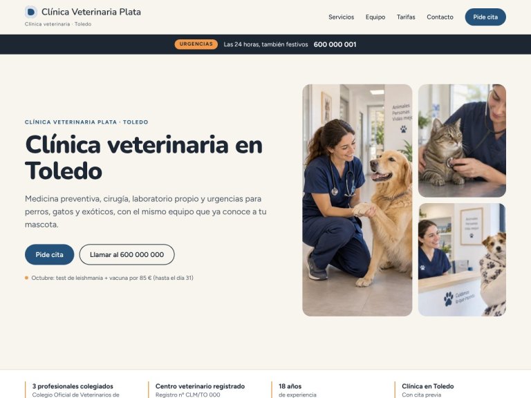 Portada 1 de la plantilla de veterinarios: mensaje a la izquierda y mosaico de tres fotos