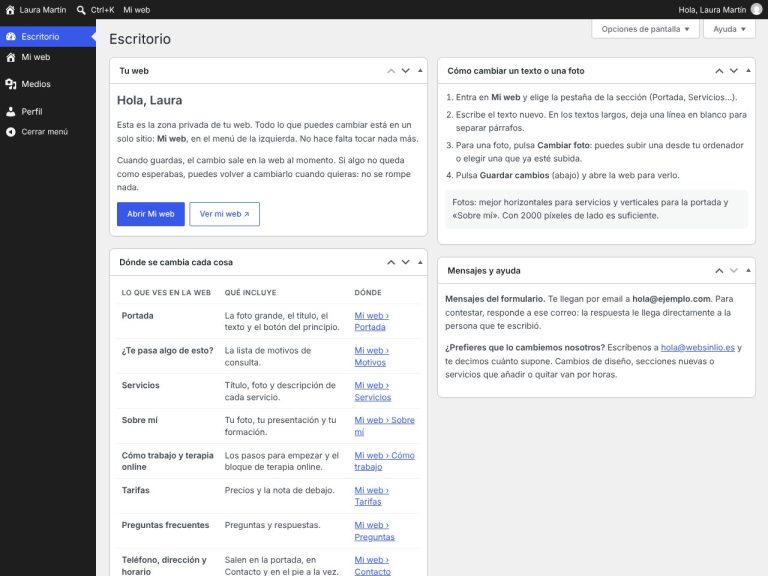 Escritorio de la web con la guía de dónde se cambia cada cosa