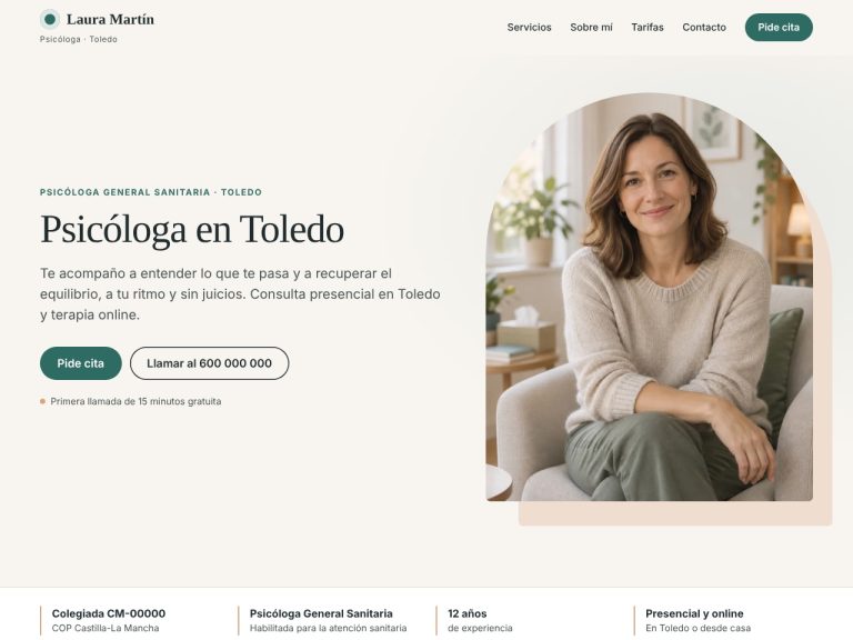 Portada de la plantilla de psicólogos: texto a la izquierda y foto de la psicóloga a la derecha